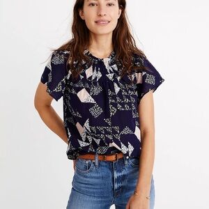 Madewell Smocked Mockneck Top in Patchwork Quilt navy XS 100% cotton